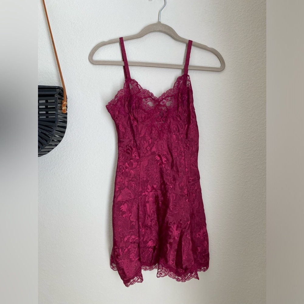 Vintage Victoria's Secret Burgundy Satin Lace Slip Lingerie, Size Petite Small
